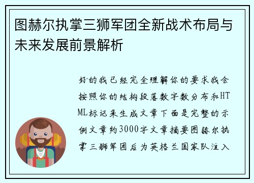 图赫尔执掌三狮军团全新战术布局与未来发展前景解析